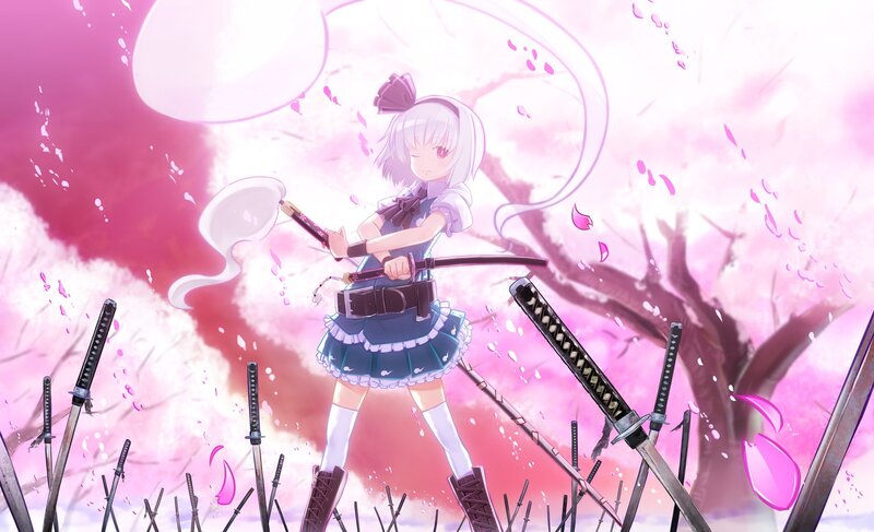 anime girl with swords in cherry blossoms