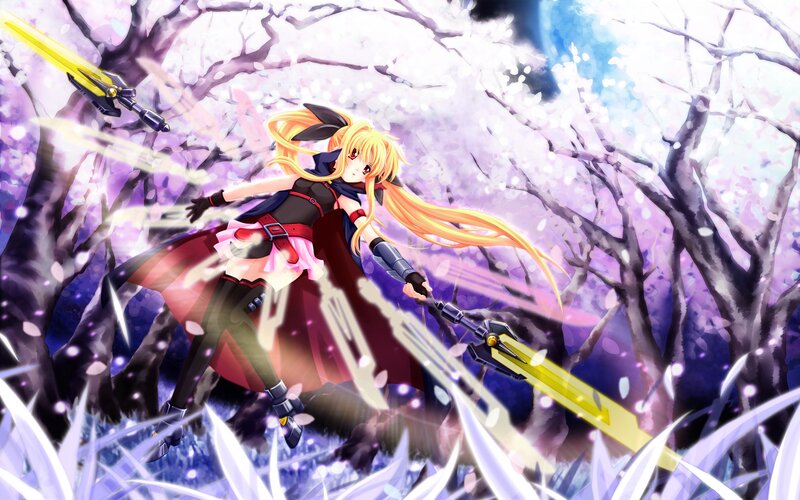 anime girl with swords in cherry blossoms