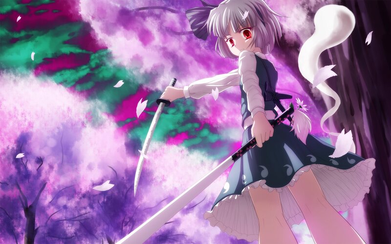 Anime girl with swords in forest