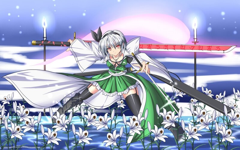 anime girl with swords in lily field
