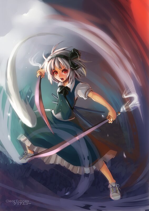 Anime girl with swords in motion