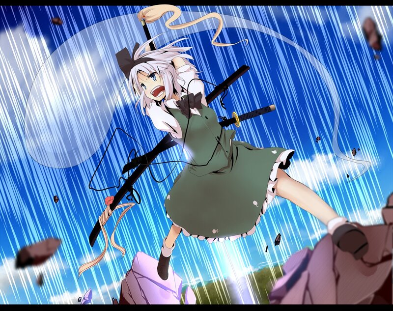 anime girl with swords in rain