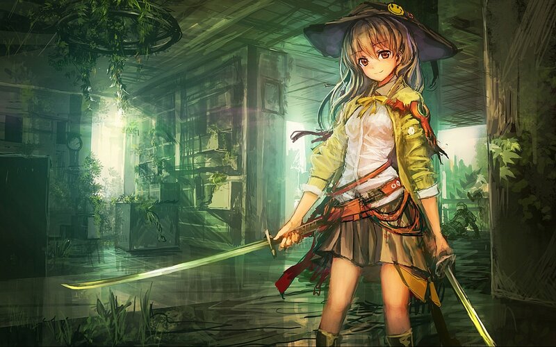 Anime girl with swords in ruins