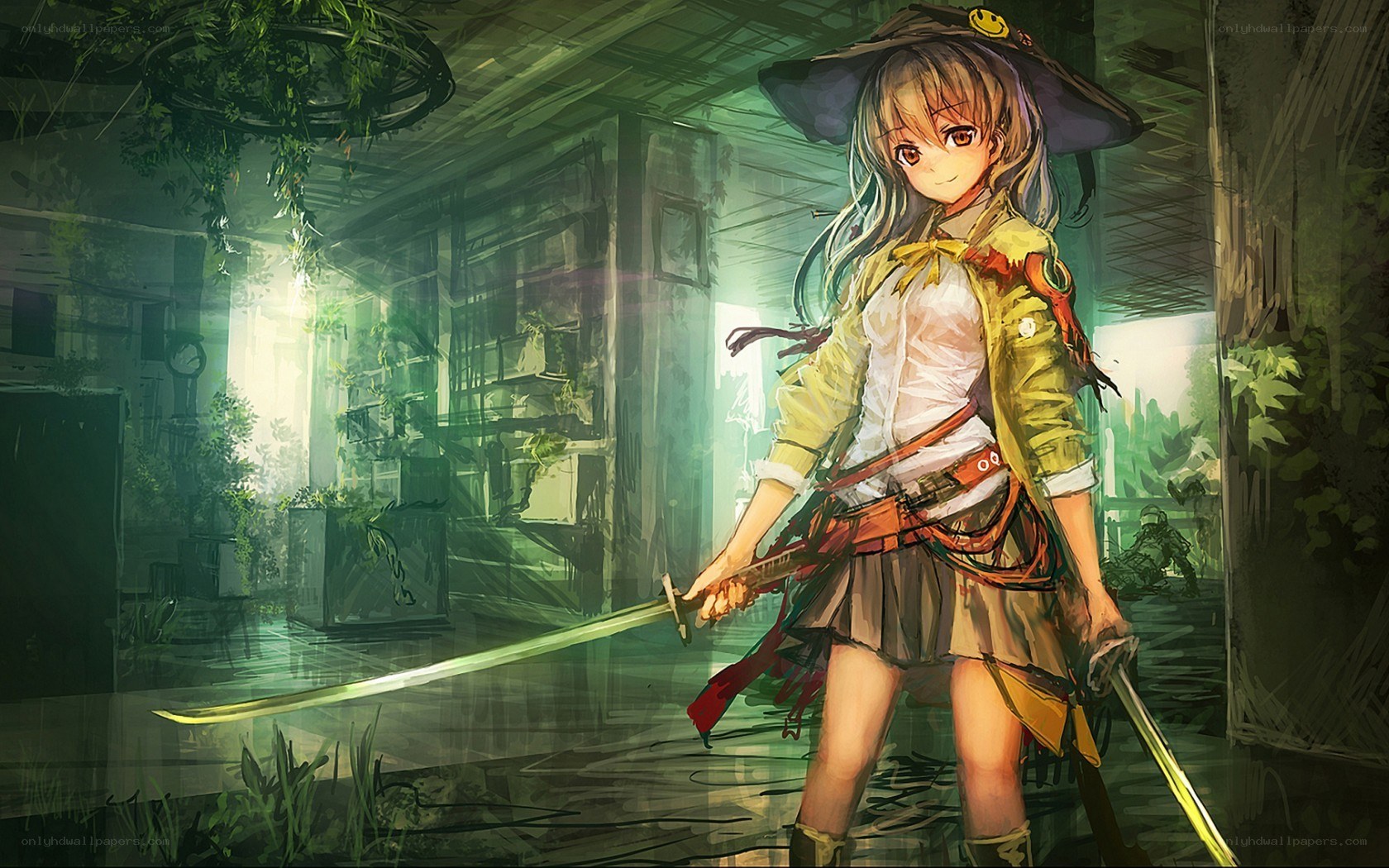 Anime girl with swords in ruins