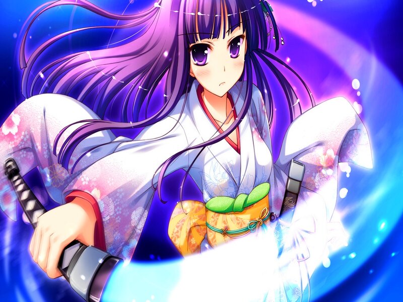 Anime Girl with Swords — Purple, Dramatic, Kimono