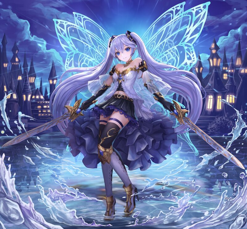 Anime Girl with Swords — Purple, Dramatic, Night, Digital Art, Wings