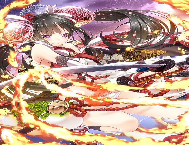 Anime Girl with Swords — Purple, Dramatic, Night, Fire