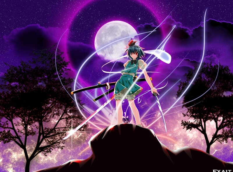 Anime Girl with Swords — Purple, Dramatic, Night, Moon