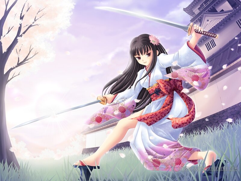 Anime Girl with Swords — Purple, Dramatic, Spring, Cherry Blossoms