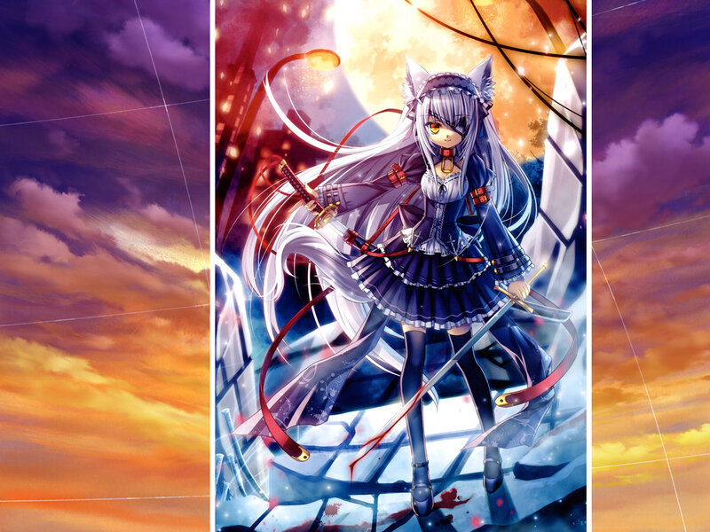 Anime Girl with Swords — Purple, Dramatic, Sunset