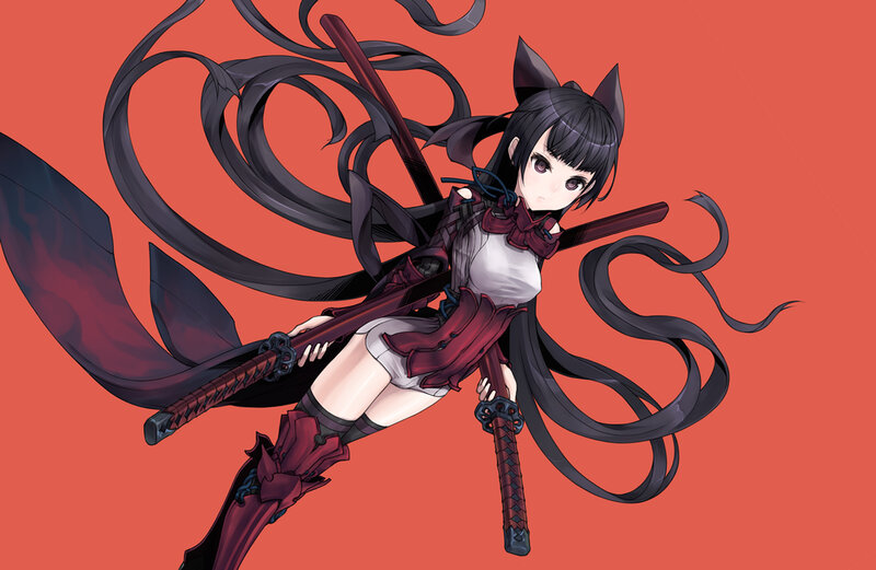 Anime Girl with Swords — Red, Dramatic, Digital Art, Cat Ears, Long Hair
