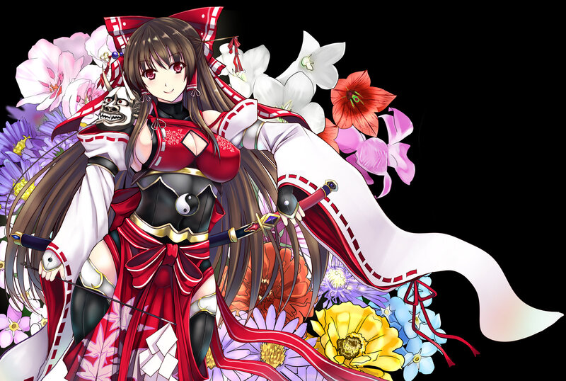 Anime Girl with Swords — Red, Dramatic, Digital Art, Flowers