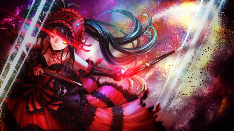 Anime Girl with Swords — Red, Dramatic, Digital Art, Galaxy Background