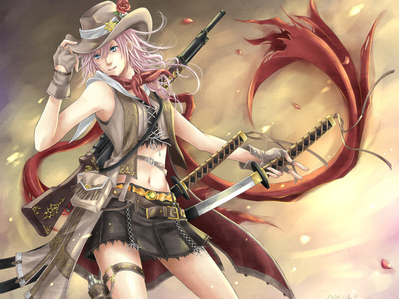 Anime Girl with Swords — Red, Dramatic, Digital Art, Gun