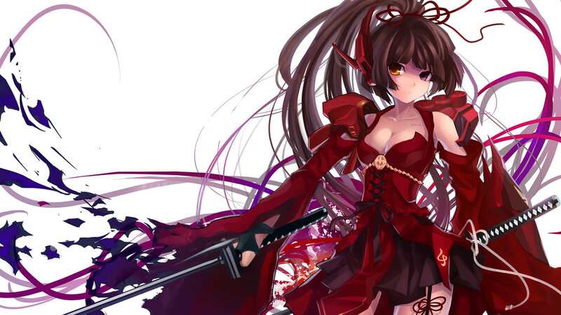 Anime Girl with Swords — Red, Dramatic, Digital Art, Long Hair