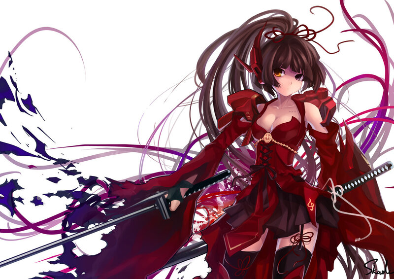 Anime Girl with Swords — Red, Dramatic, Digital Art, Red Dress