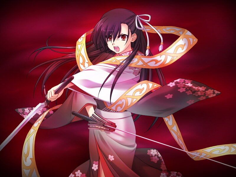 Anime Girl with Swords — Red, Dramatic, Kimono