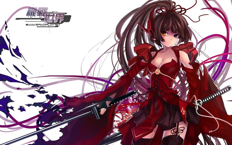 Anime Girl with Swords — Red, Dramatic, Red Dress, Long Hair