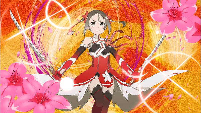 Anime Girl with Swords — Red, Dramatic, Spring, Flowers