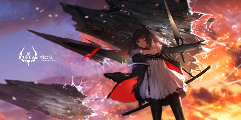 Anime Girl with Swords — Red, Dramatic, Sunset, Digital Art, Explosion