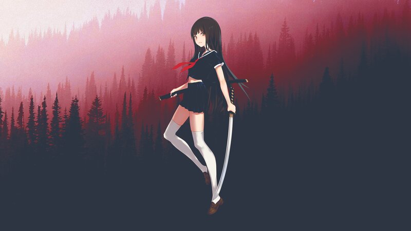 Anime Girl with Swords — Red, Dramatic, Sunset, Digital Art, Forest