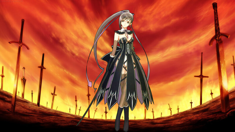 Anime Girl with Swords — Red, Dramatic, Sunset