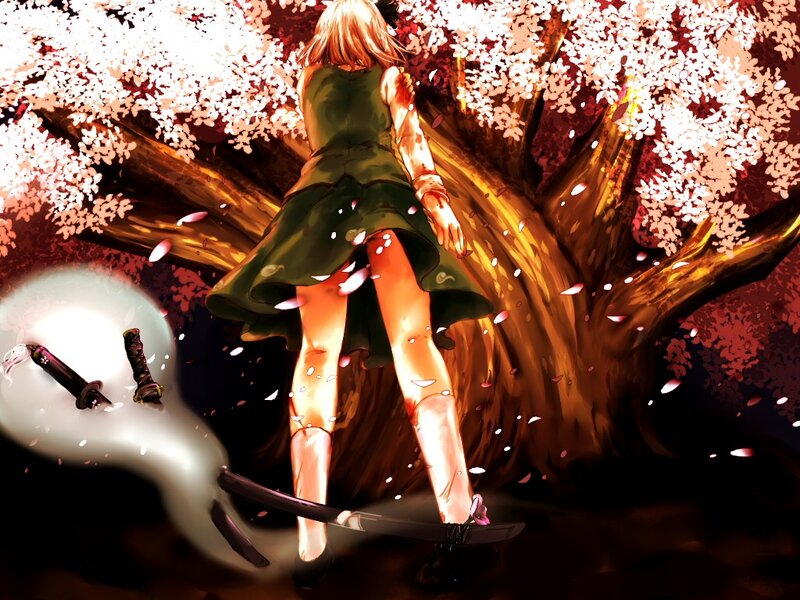 Anime girl with swords under cherry blossoms