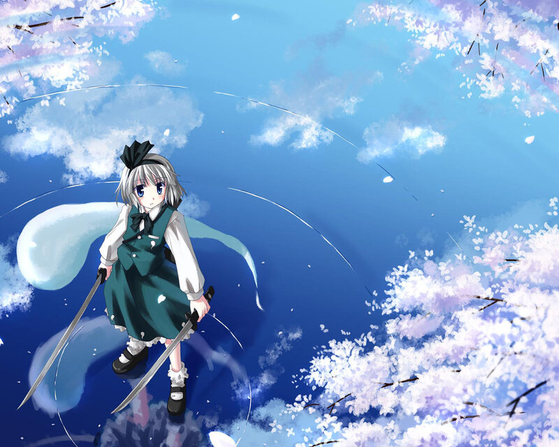 anime girl with swords under cherry blossoms