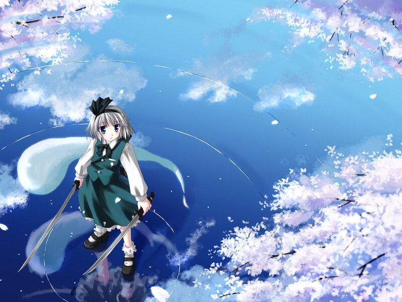 Anime girl with swords under cherry blossoms