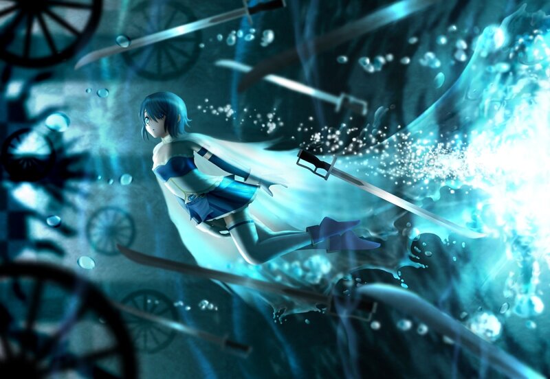 anime girl with swords underwater