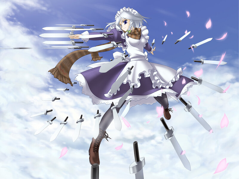 Anime Girl with Swords — White, Dramatic, Clouds