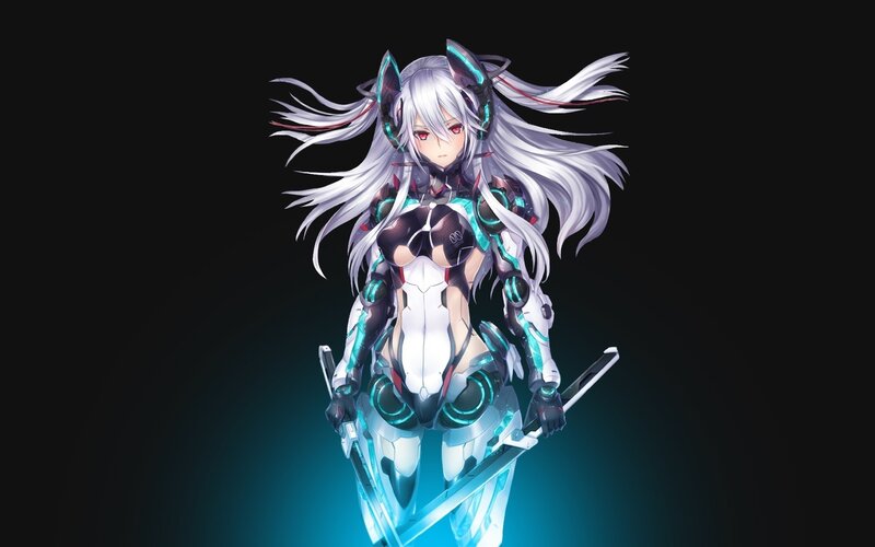 Anime Girl with Swords — White, Dramatic, Digital Art, Cat Ears