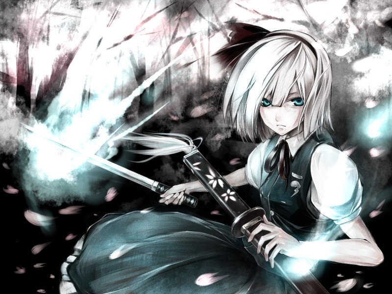 Anime Girl with Swords — White, Dramatic, Digital Art, Cherry Blossoms