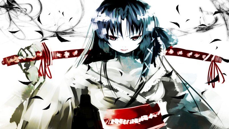Anime Girl with Swords — White, Dramatic, Digital Art, Kimonos