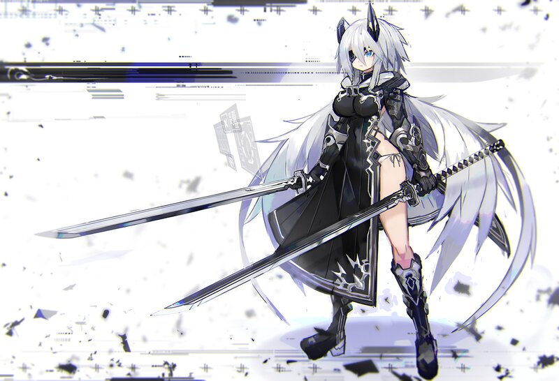 Anime Girl with Swords — White, Dramatic, Digital Art, White Hair