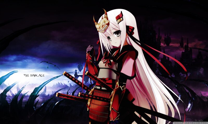 Anime Girl with Swords — White, Dramatic, Night, Mask, Castle