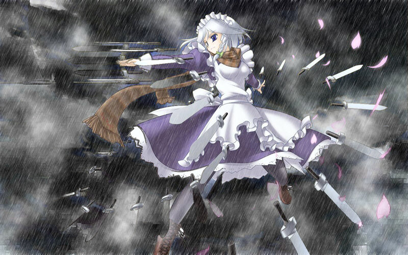 Anime Girl with Swords — White, Dramatic, Night, Rain
