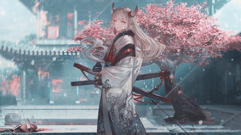 Anime Girl with Swords — White, Dramatic, Spring, Digital Art