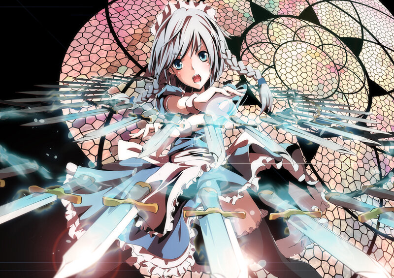 Anime Girl with Swords — White, Dramatic, Stained Glass