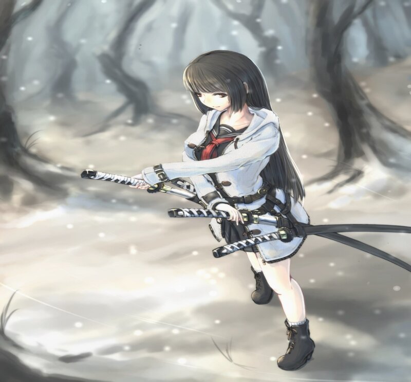 Anime Girl with Swords — White, Dramatic, Winter