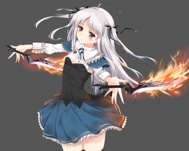 Anime Girl with Swords — White, Dynamic, Digital Art, Fire