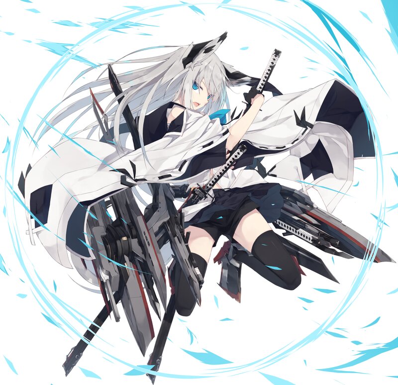 Anime Girl with Swords — White, Dynamic, Digital Art, Long Hair