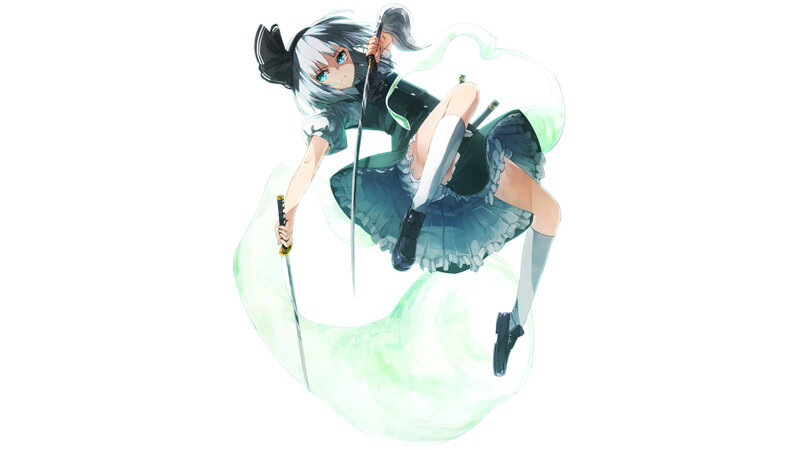 Anime Girl with Swords — White, Dynamic, Skirt, Hair Bow
