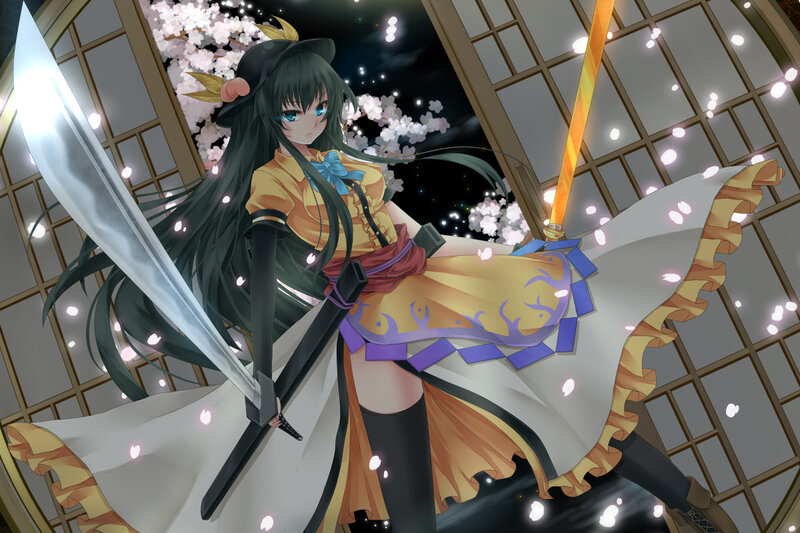 Anime Girl with Swords — Yellow, Dramatic, Night