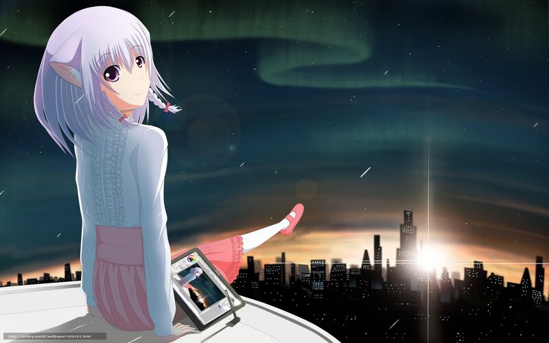 anime girl with tablet at night