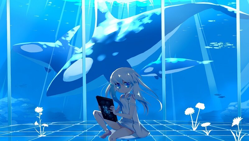 Anime Girl with Tablet — Blue, Serene