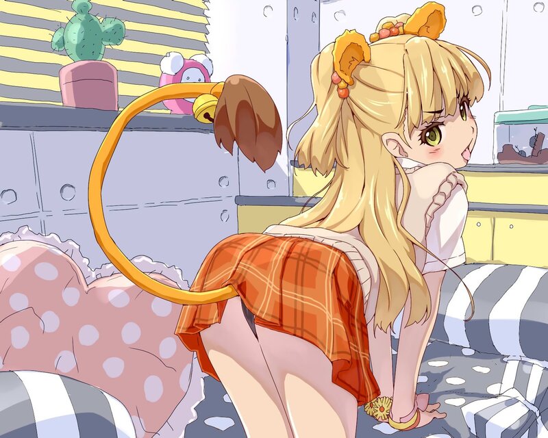 anime girl with tail in bedroom