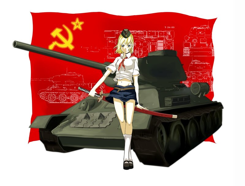 Anime girl with tank and flag