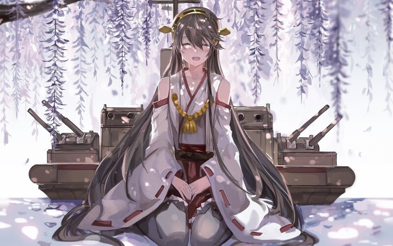 Anime girl with tanks under wisteria