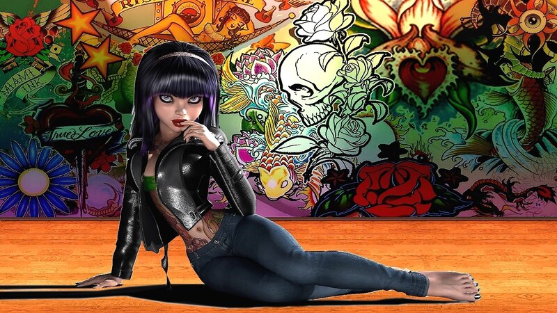 Anime Girl with Tattoos — Black
